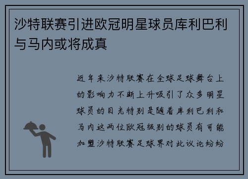 沙特联赛引进欧冠明星球员库利巴利与马内或将成真